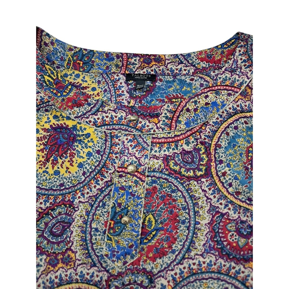 Talbots Top Women's 16 Petite Medallion Gold Metallic Henley Long Sleeve Boho - Picture 4 of 12